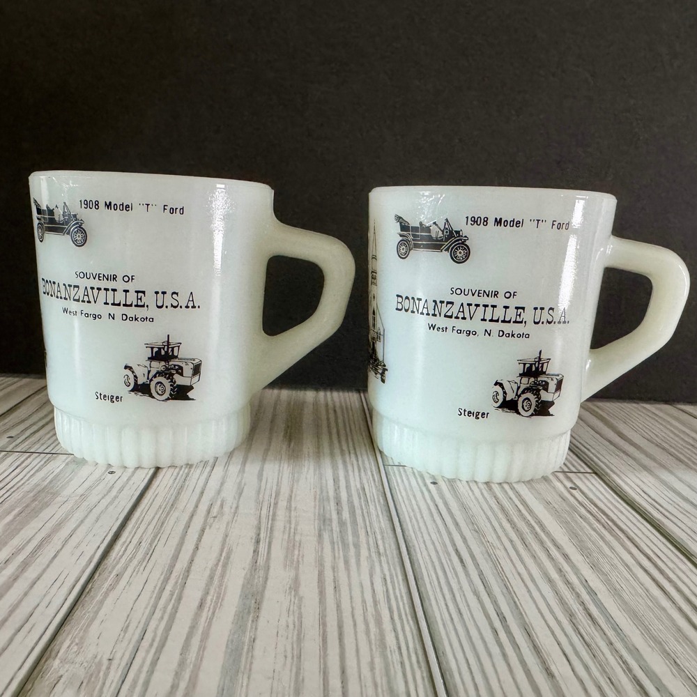 Fire King Bonanzaville USA Milk Glass Mugs Set of 2 Fargo ND Vintage Advertising